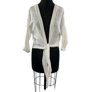 Gillia White Cropped Blouse Top Cotton Tie Front Ribbed V-Neck Size X-Small XS